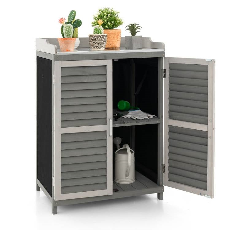 Grey Solid Wood Patio Storage Cabinet Garden Potting Bench Table with Metal Top-0