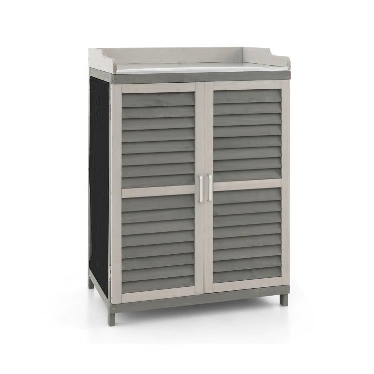 Grey Solid Wood Patio Storage Cabinet Garden Potting Bench Table with Metal Top-1