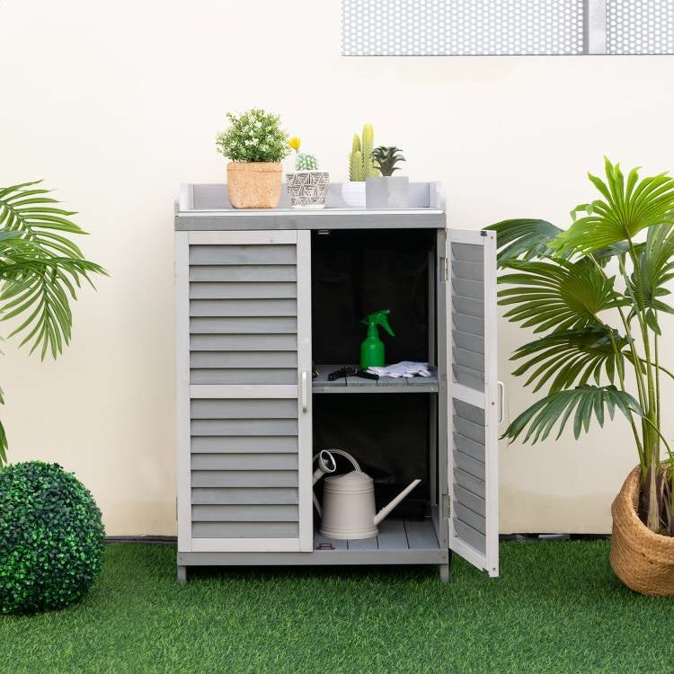 Grey Solid Wood Patio Storage Cabinet Garden Potting Bench Table with Metal Top-3