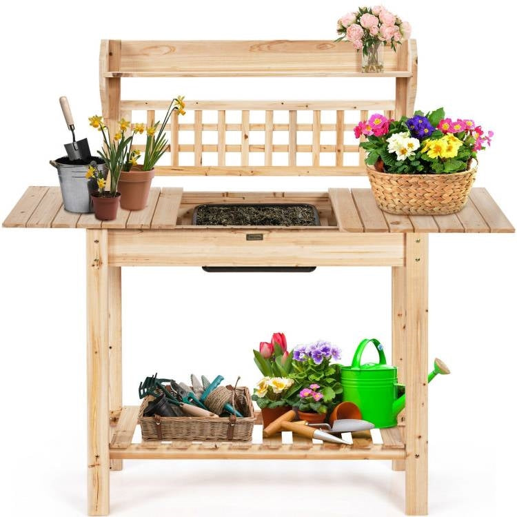 Solid Wood Garden Potting Bench Table with Bottom Shelf and Removeable Sink-1