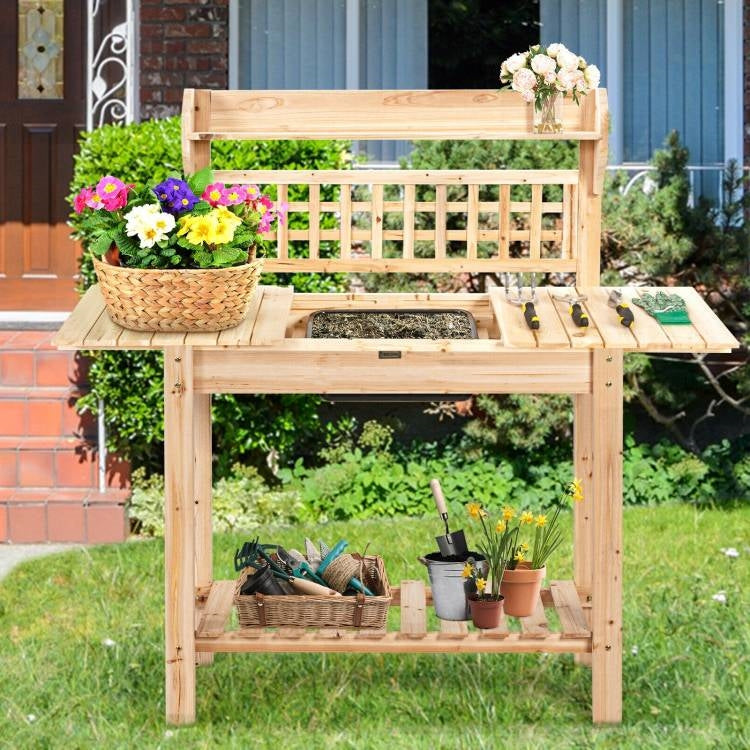 Solid Wood Garden Potting Bench Table with Bottom Shelf and Removeable Sink-2