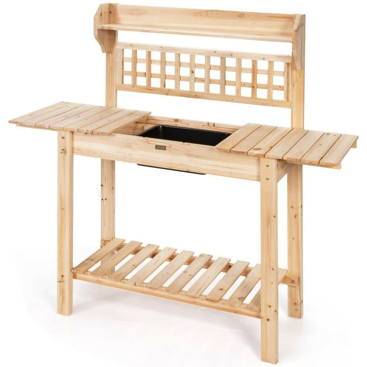 Solid Wood Garden Potting Bench Table with Bottom Shelf and Removeable Sink-3