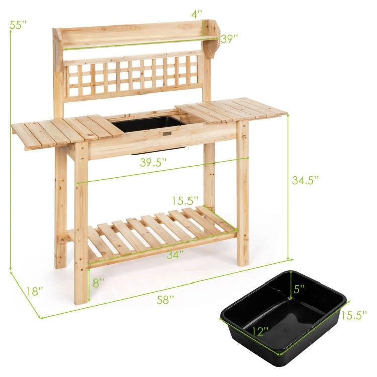 Solid Wood Garden Potting Bench Table with Bottom Shelf and Removeable Sink-4