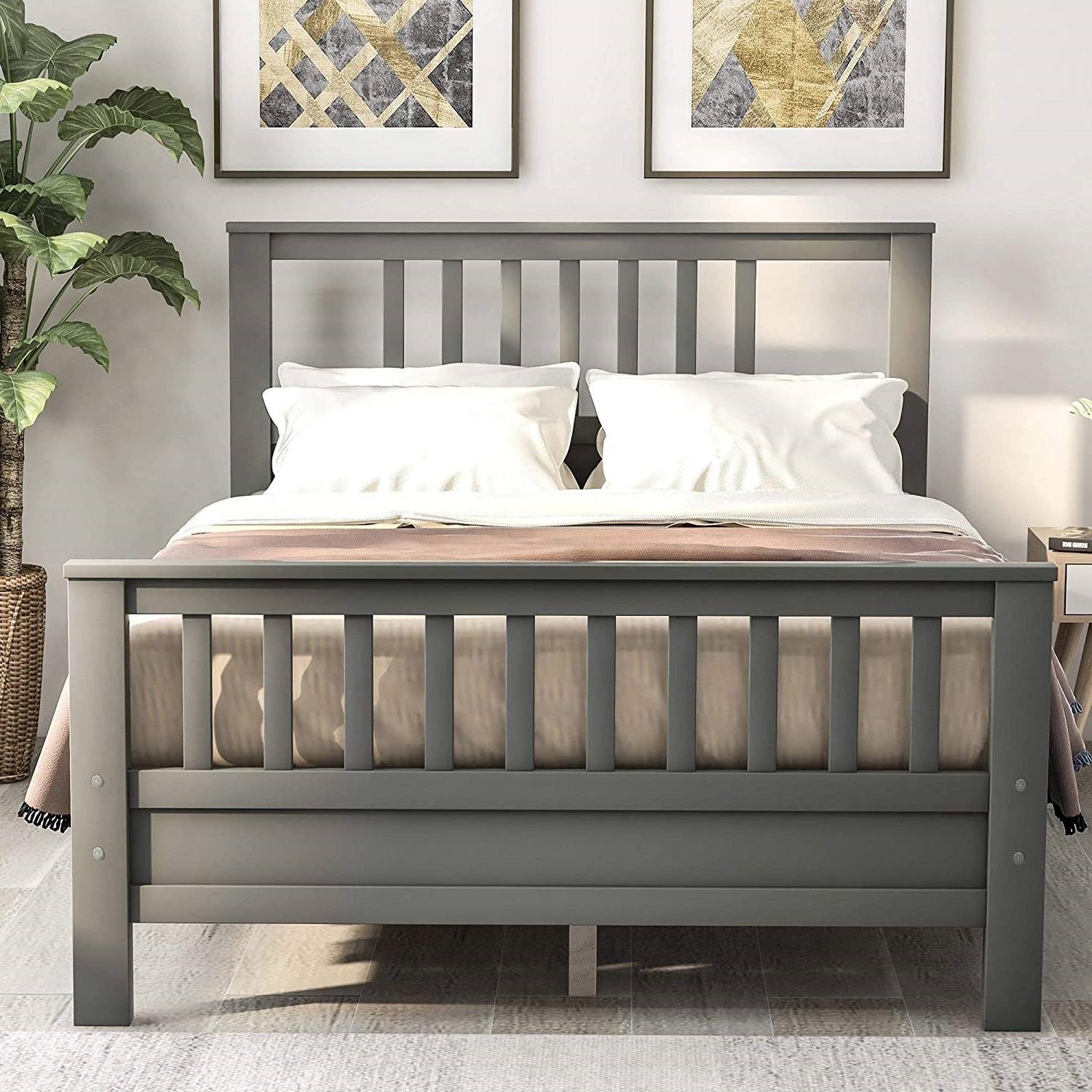 Grey Pine Wood Slatted Platform Headboard Footboard Full Size Bed-3