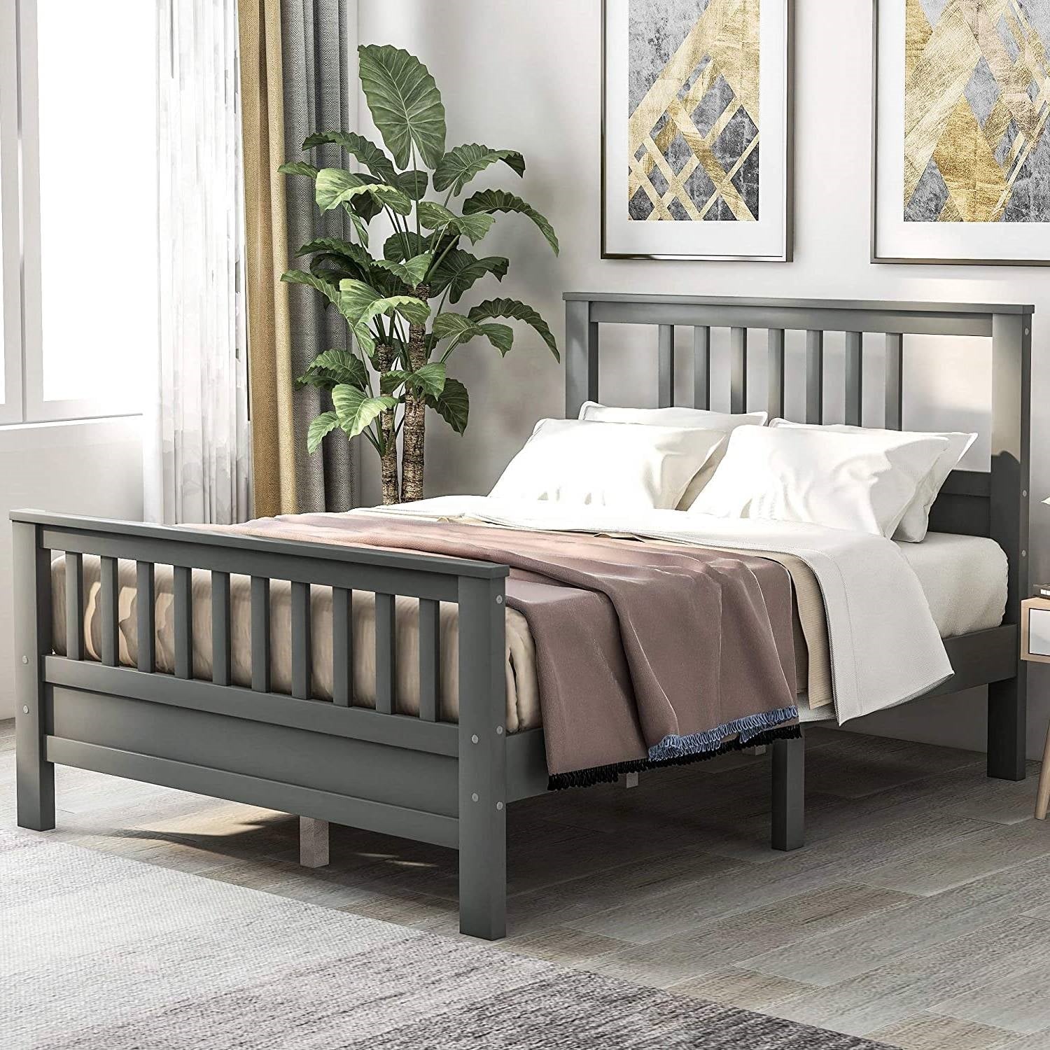 Grey Pine Wood Slatted Platform Headboard Footboard Full Size Bed-4