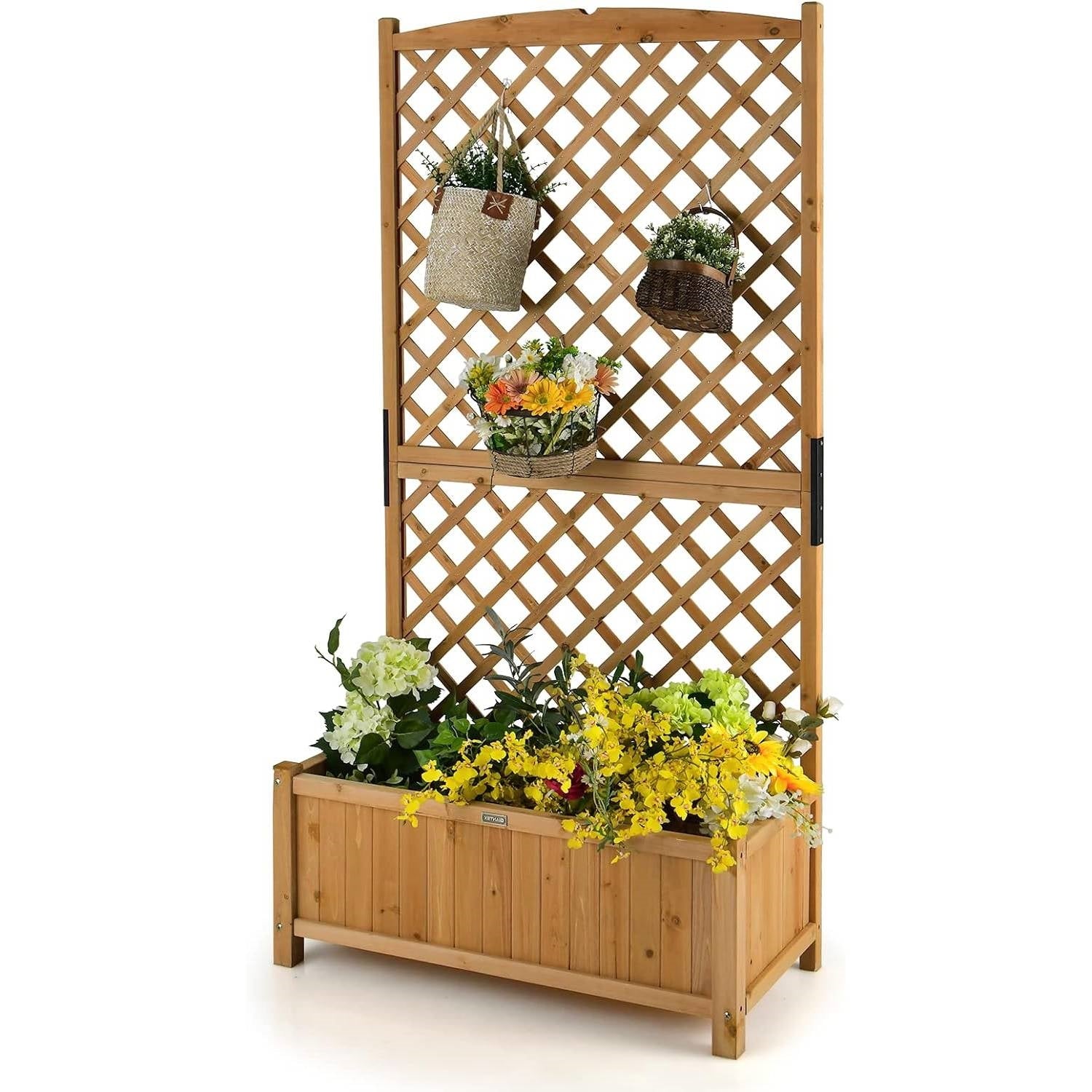 Outdoor Fir Wood Raised Garden Bed Planter Box with 71-inch High Trellis-0