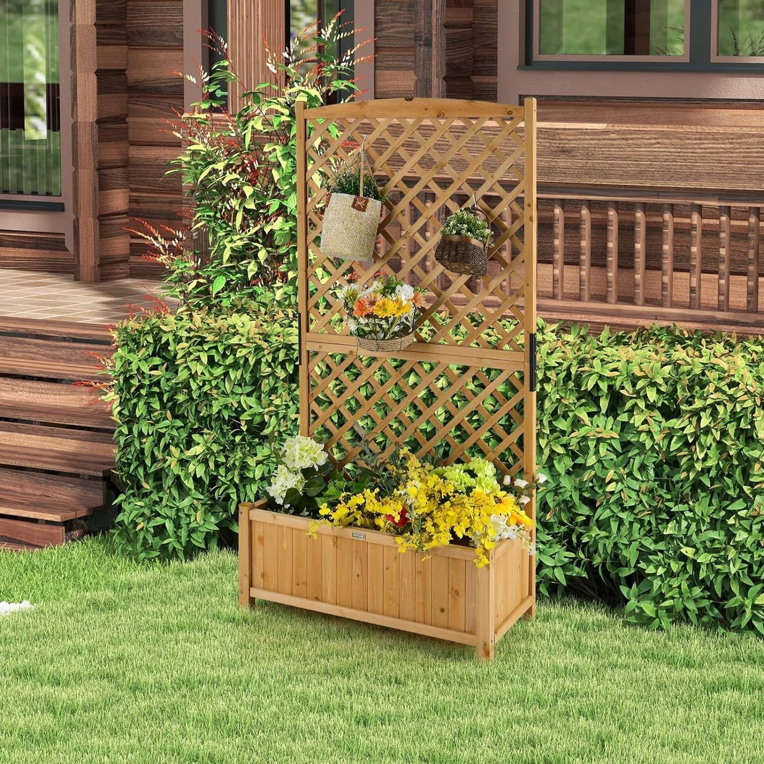 Outdoor Fir Wood Raised Garden Bed Planter Box with 71-inch High Trellis-1