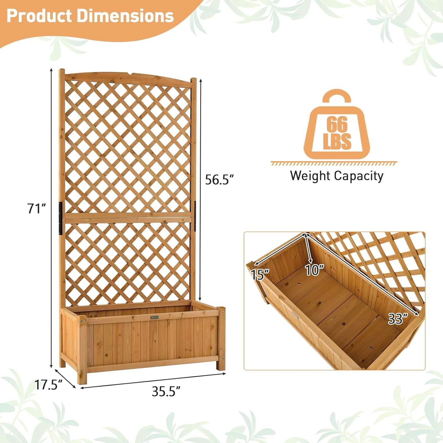 Outdoor Fir Wood Raised Garden Bed Planter Box with 71-inch High Trellis-4