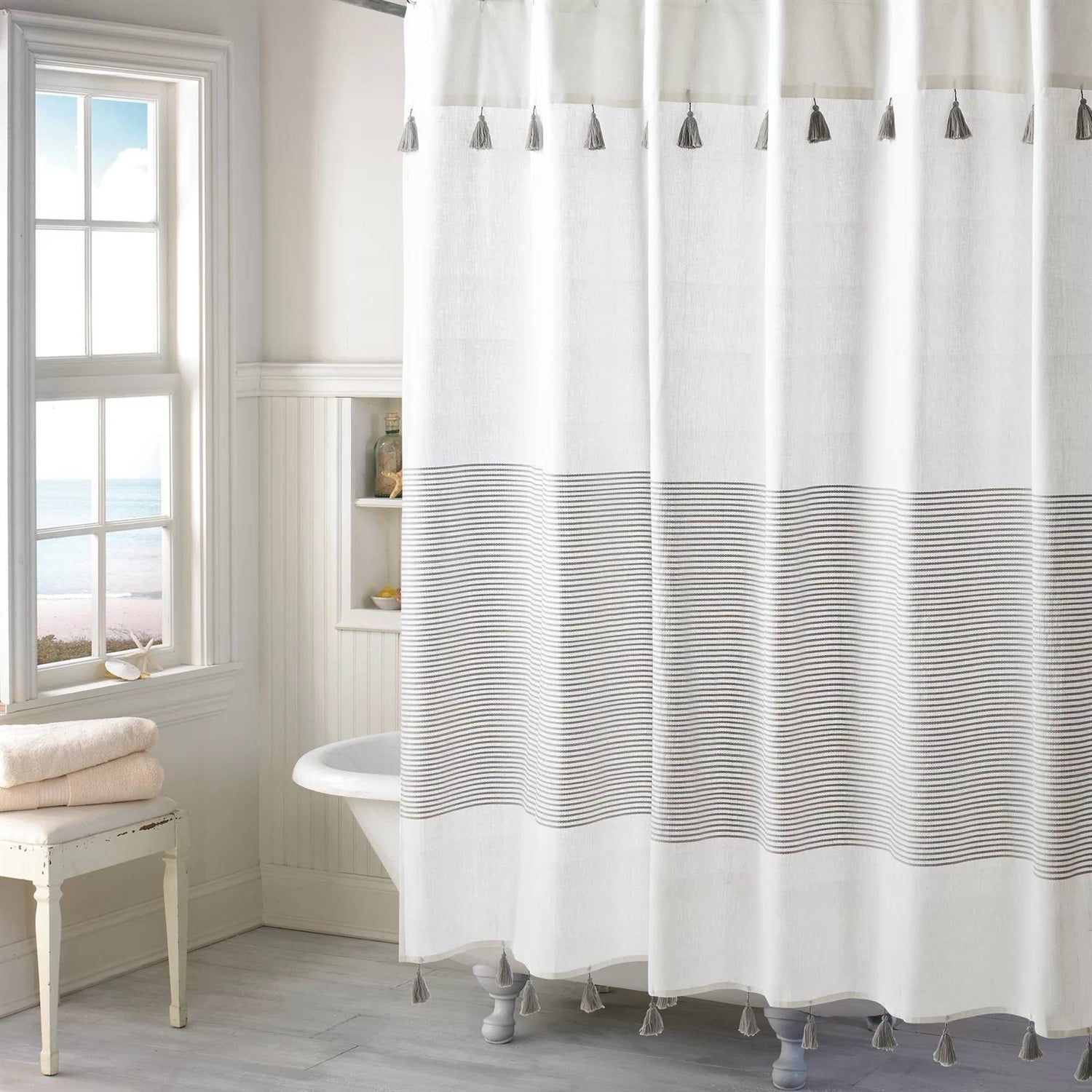 72-inch Grey and White Stripes Cotton Shower Curtain with Tassels-0