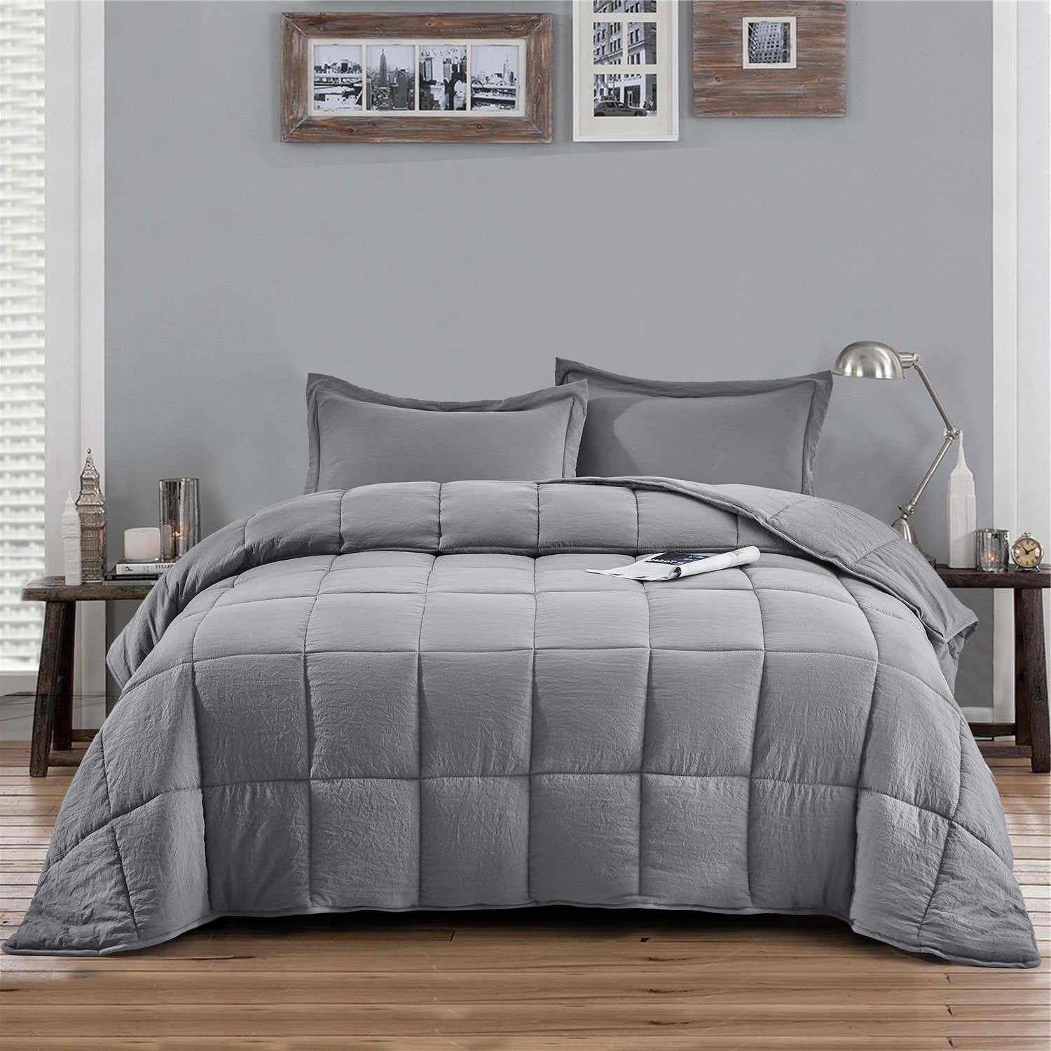 Queen Size Grey 3 Piece Microfiber Reversible Comforter Set-0