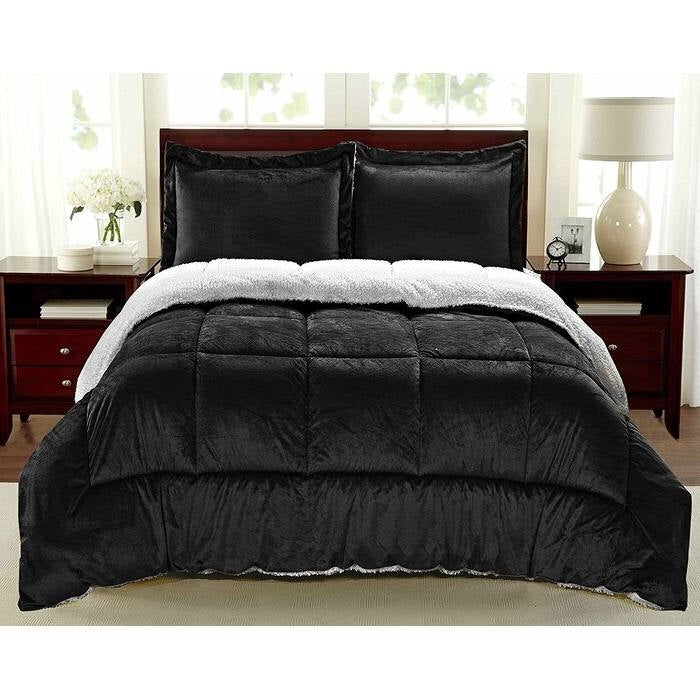 Queen Size 3 Piece Ultra Soft Sherpa Wrinkle Resistant Comforter Set in Black-0