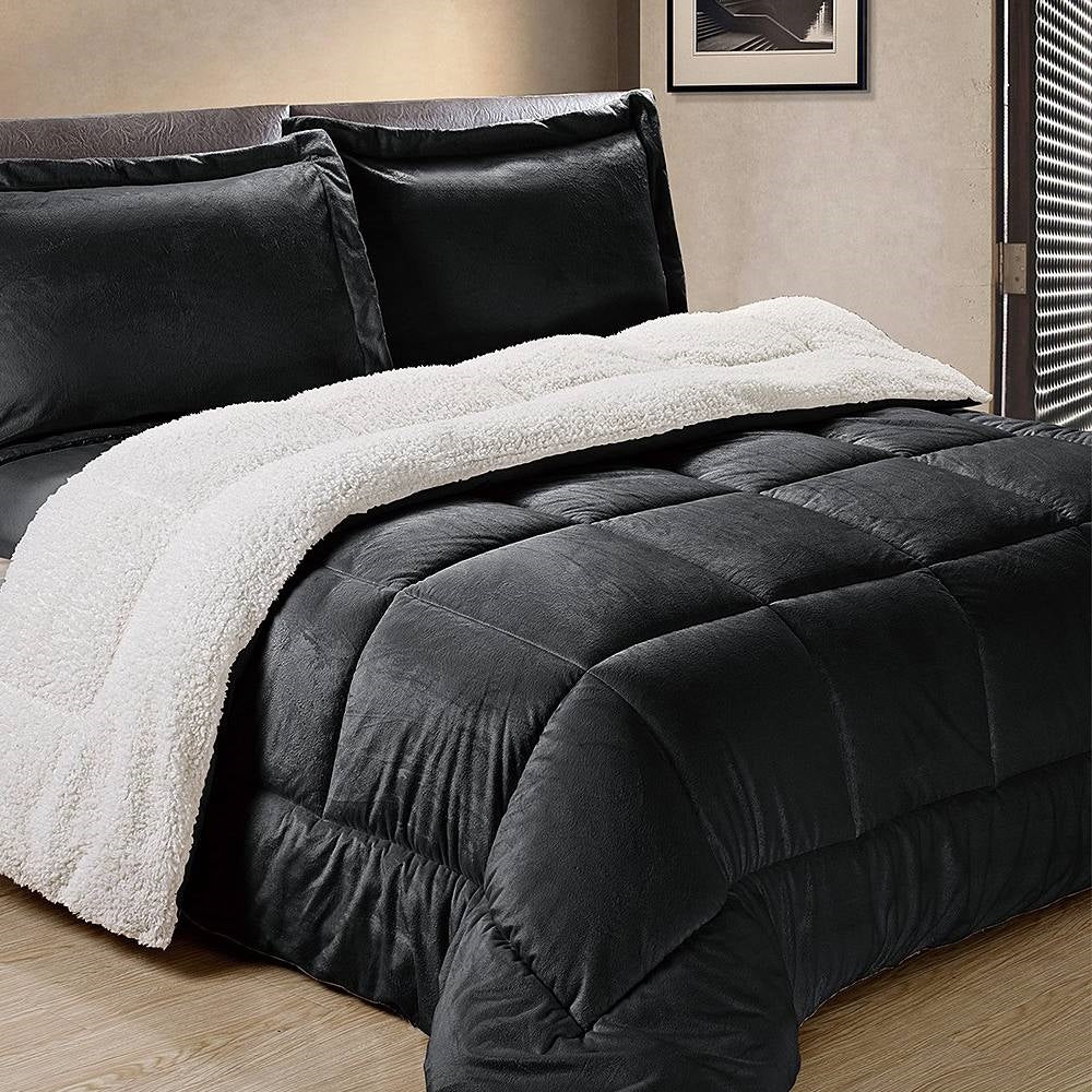 Queen Size 3 Piece Ultra Soft Sherpa Wrinkle Resistant Comforter Set in Black-1