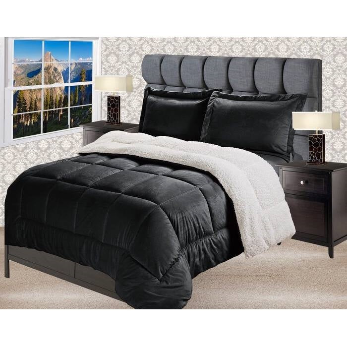 Queen Size 3 Piece Ultra Soft Sherpa Wrinkle Resistant Comforter Set in Black-2