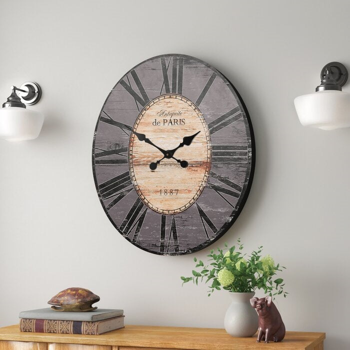 Gray Oversized Distressed Paris Wood Wall Clock-1