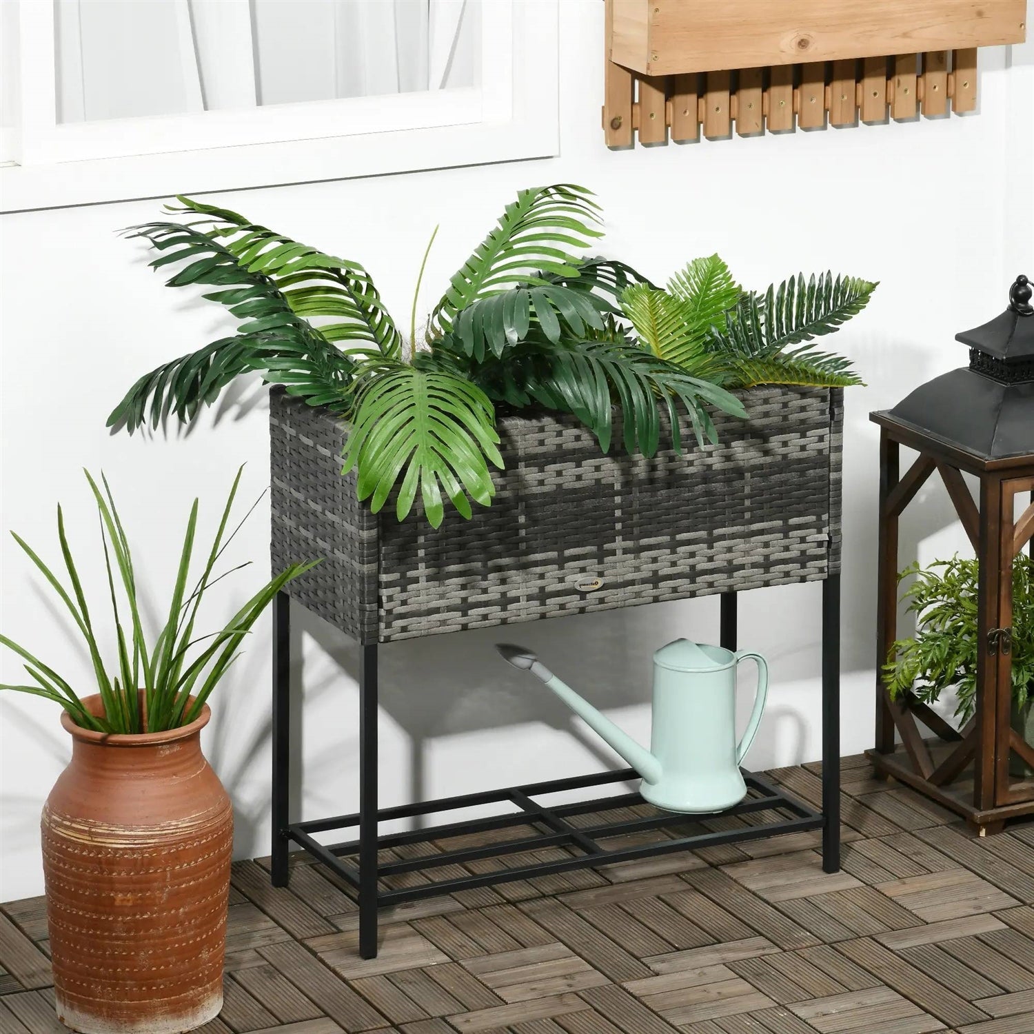 Grey Modern PE Rattan Wicker Raised Garden Bed Elevated Planter Box-2