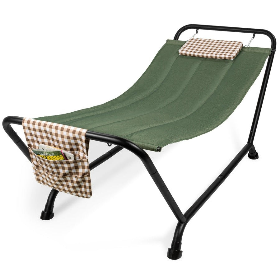 Green Waterproof Patio Hammock w/ Stand Pillow Storage Pockets-0