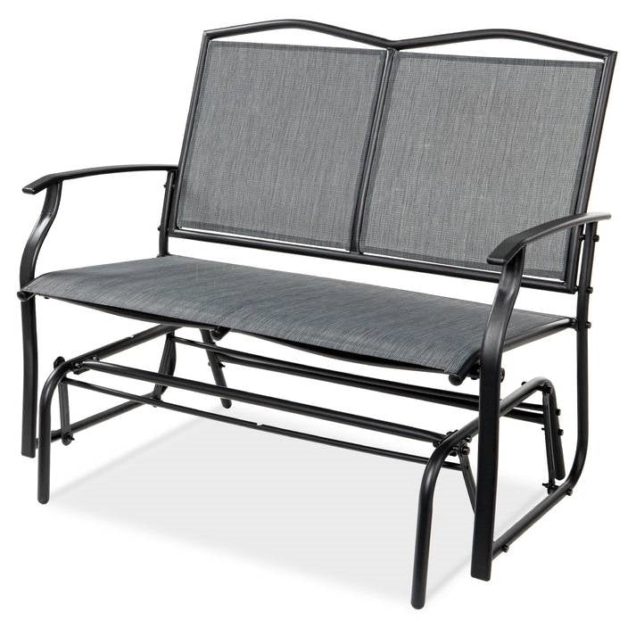 2 Seater Mesh Patio Loveseat Swing Glider Rocker with Armrests in Grey-0