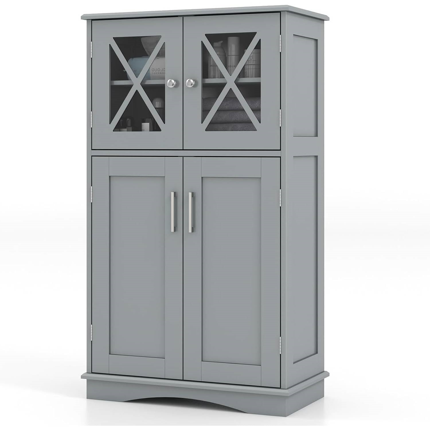 Grey Bathroom Towel Linen Cabinet with Glass Doors and Storage Shelves-0