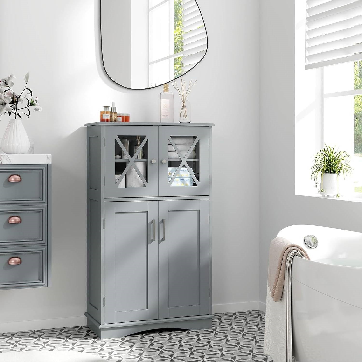 Grey Bathroom Towel Linen Cabinet with Glass Doors and Storage Shelves-1
