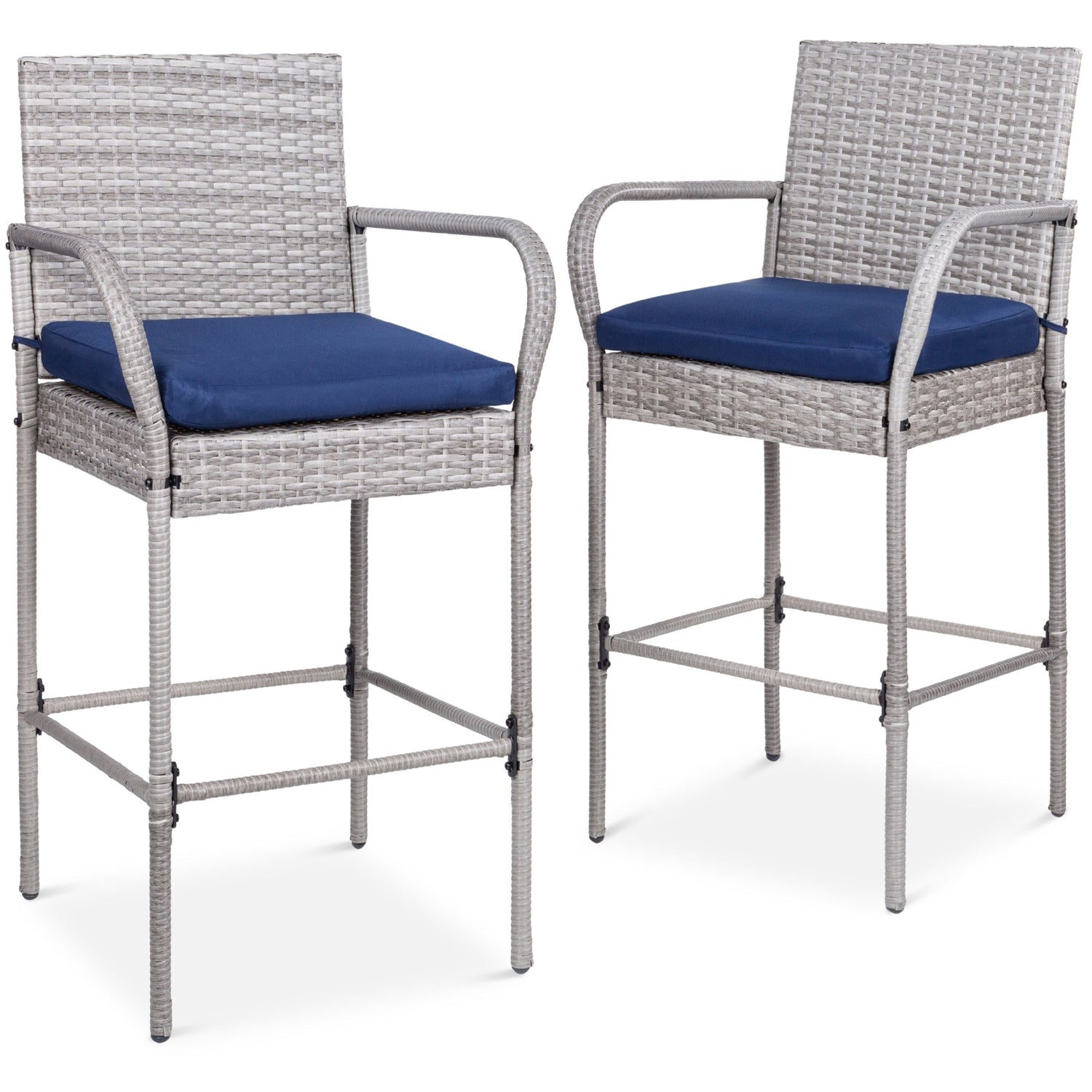 Set of 2 Grey Indoor/Outdoor Wicker Bar Stools w/ 2 Blue Cushions-0