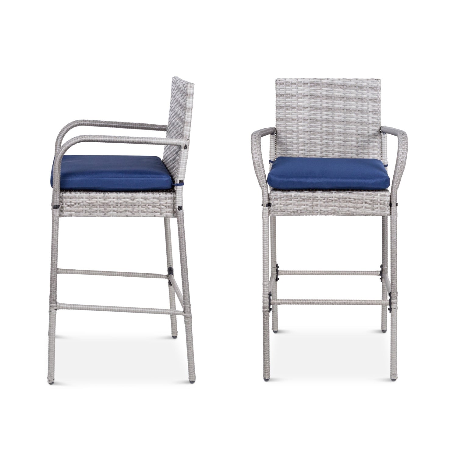 Set of 2 Grey Indoor/Outdoor Wicker Bar Stools w/ 2 Blue Cushions-1