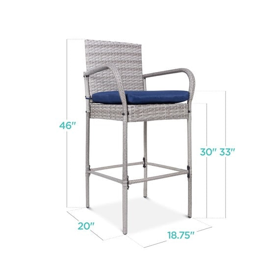 Set of 2 Grey Indoor/Outdoor Wicker Bar Stools w/ 2 Blue Cushions-4