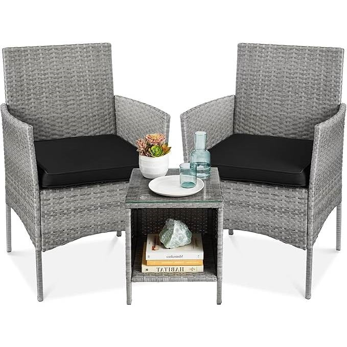 3-Piece Grey PE Wicker Outdoor Patio Furniture Dining Set with Black Cushions-0