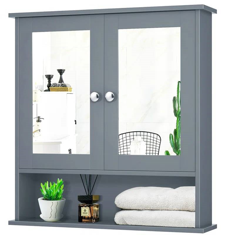 Grey Wood Bathroom Wall / Medicine Cabinet with Mirrored Doors and Shelf