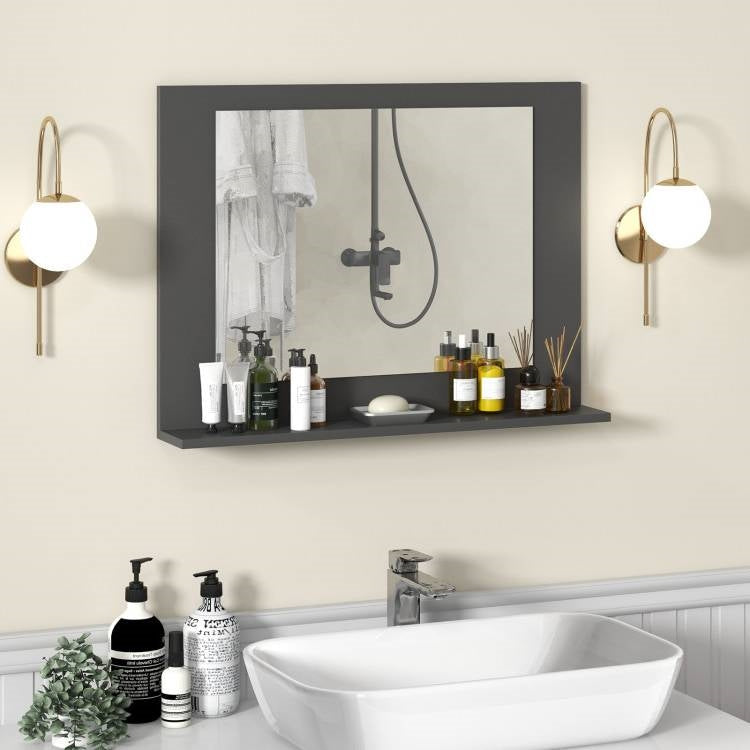 Rectangular 23 x 17 inch Bathroom Mirror with Storage Shelf in Grey Wood Finish-2