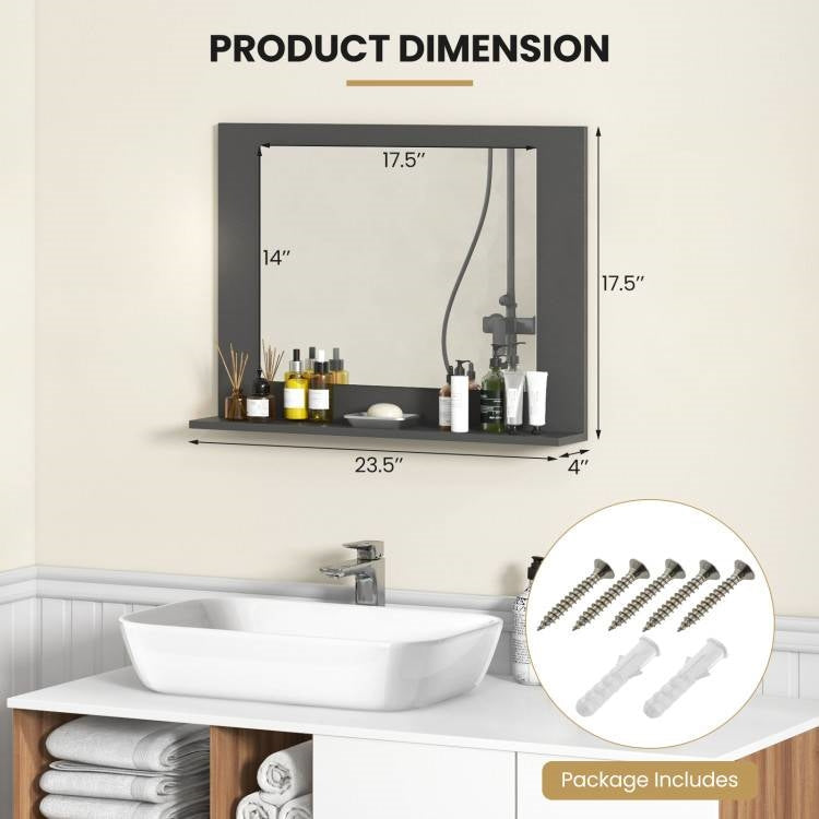 Rectangular 23 x 17 inch Bathroom Mirror with Storage Shelf in Grey Wood Finish-4