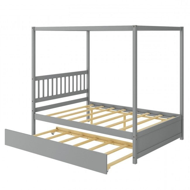 Gray Full Size Canopy Platform Bed with Twin Roller Trundle Bed-0