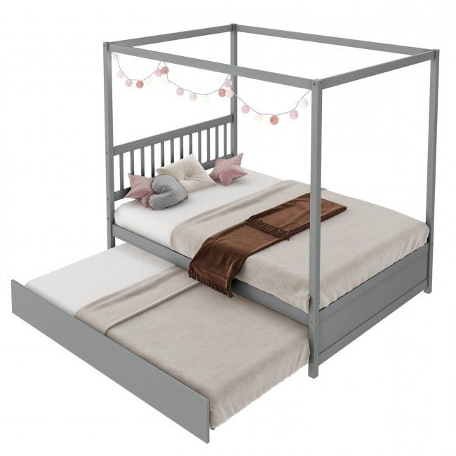 Gray Full Size Canopy Platform Bed with Twin Roller Trundle Bed-1