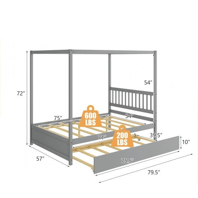 Gray Full Size Canopy Platform Bed with Twin Roller Trundle Bed-2