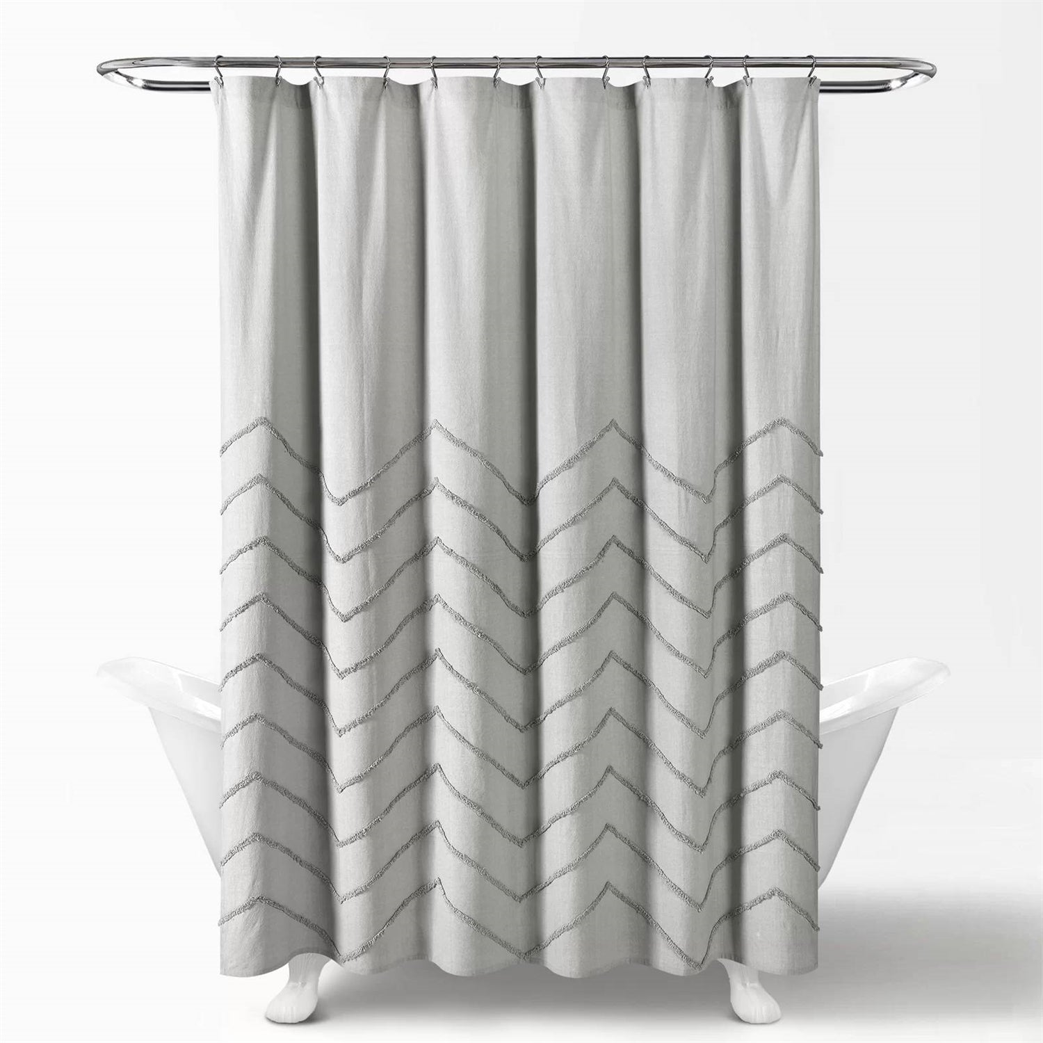 72-inch Grey Chenille Cotton Shower Curtain with Chevron Pattern-0