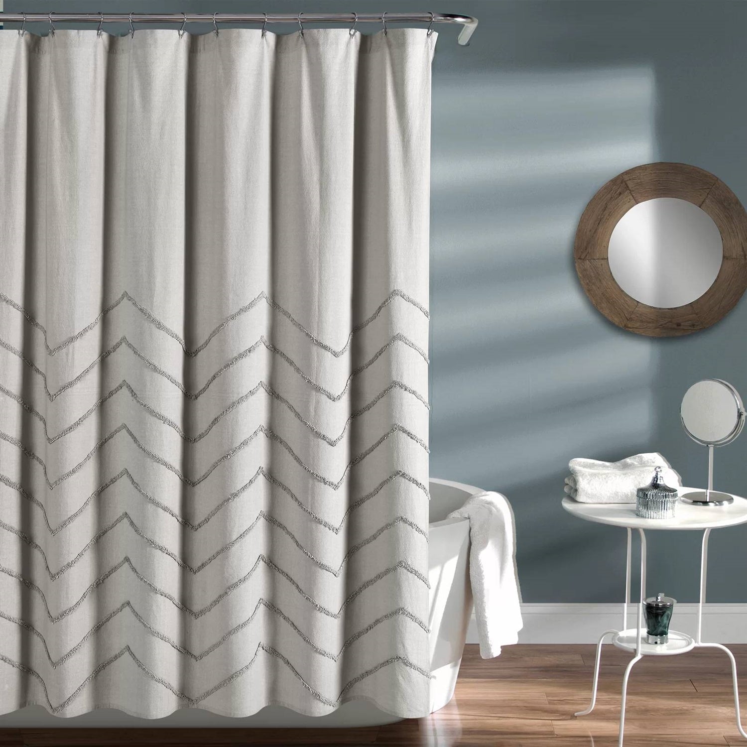 72-inch Grey Chenille Cotton Shower Curtain with Chevron Pattern-2