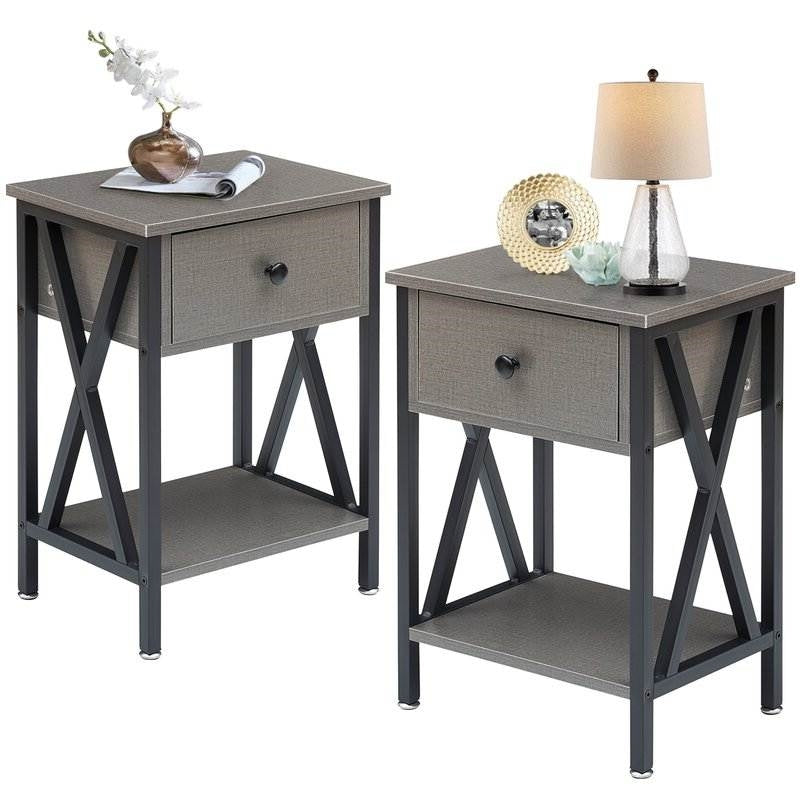 Set of 2 - 1 Drawer Nightstand in Grey and Black Wood Finish-0