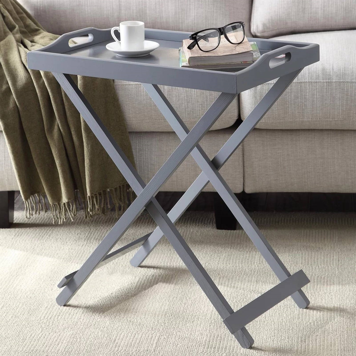 Folding TV Tray Bedside Table in Grey Wood Finish-0