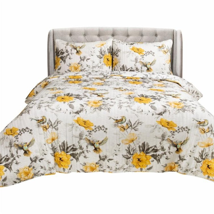 Full/Queen 3 Piece White Yellow Grey Reversible Floral Birds Cotton Quilt Set-0