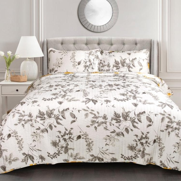 Full/Queen 3 Piece White Yellow Grey Reversible Floral Birds Cotton Quilt Set-3