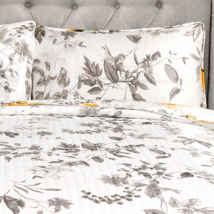 Full/Queen 3 Piece White Yellow Grey Reversible Floral Birds Cotton Quilt Set-4