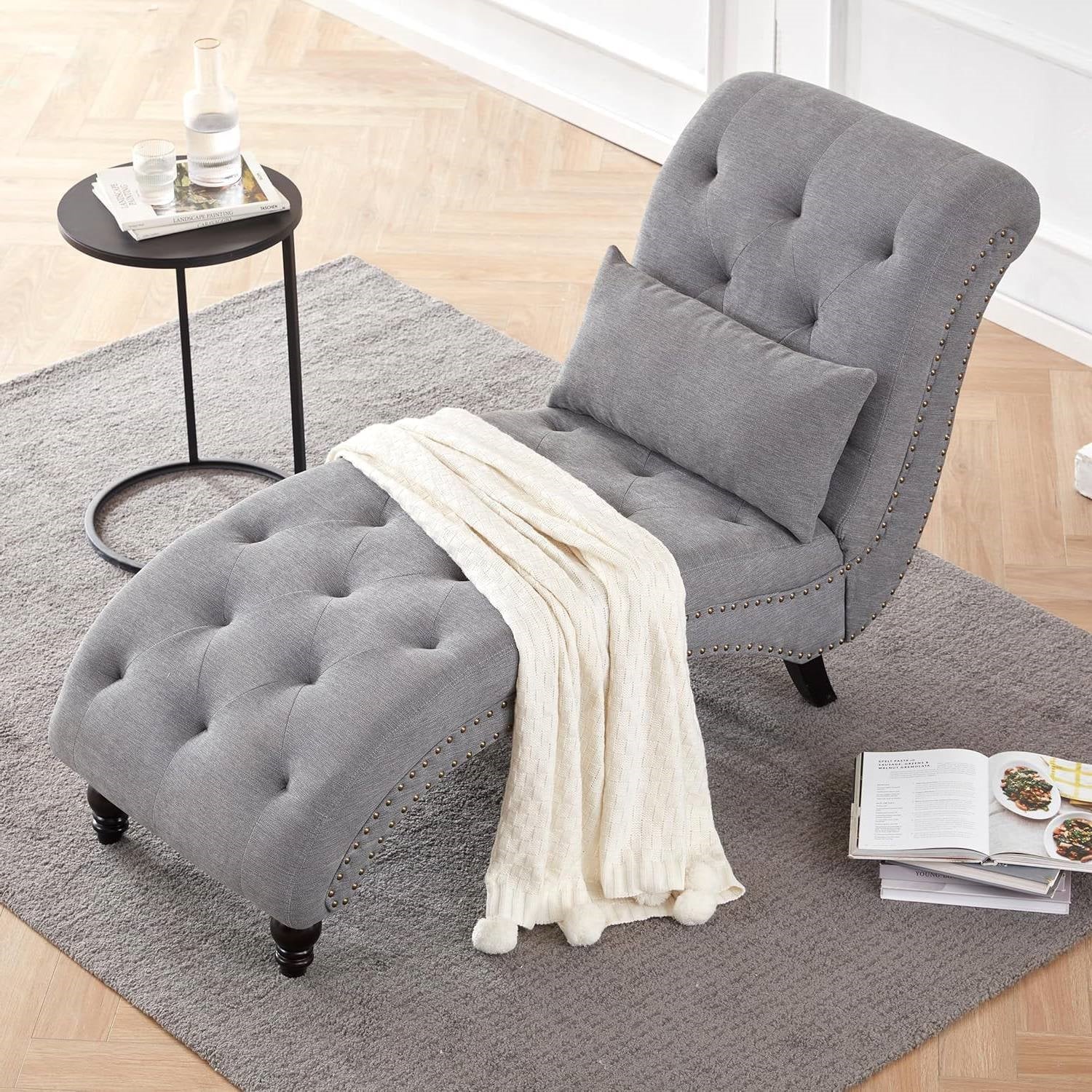 Grey Linen Upholstered Armless Chaise Lounge Chair with Pillow-1