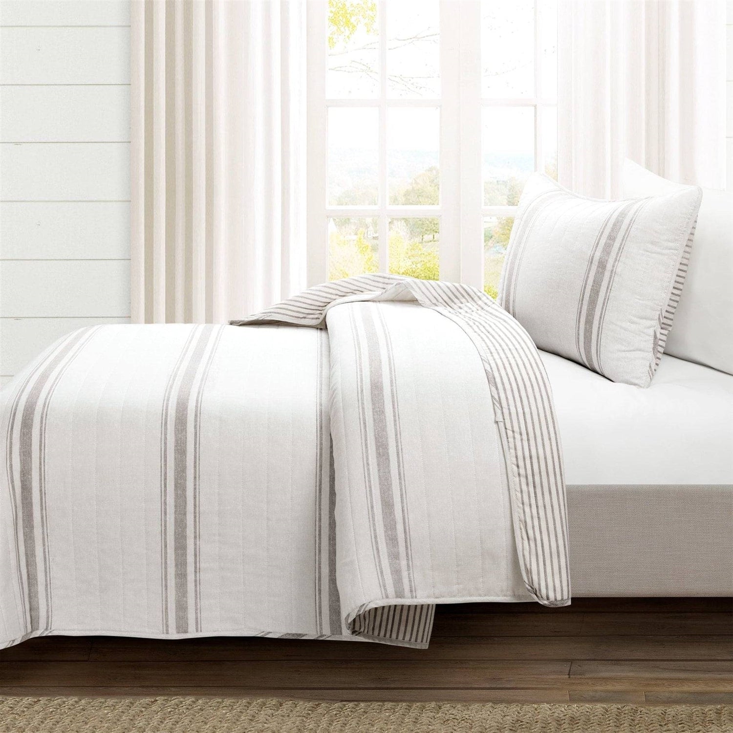 Twin/Twin XL Grey Off-White 2 Piece Stripe Reversible Cotton Quilt Set-1