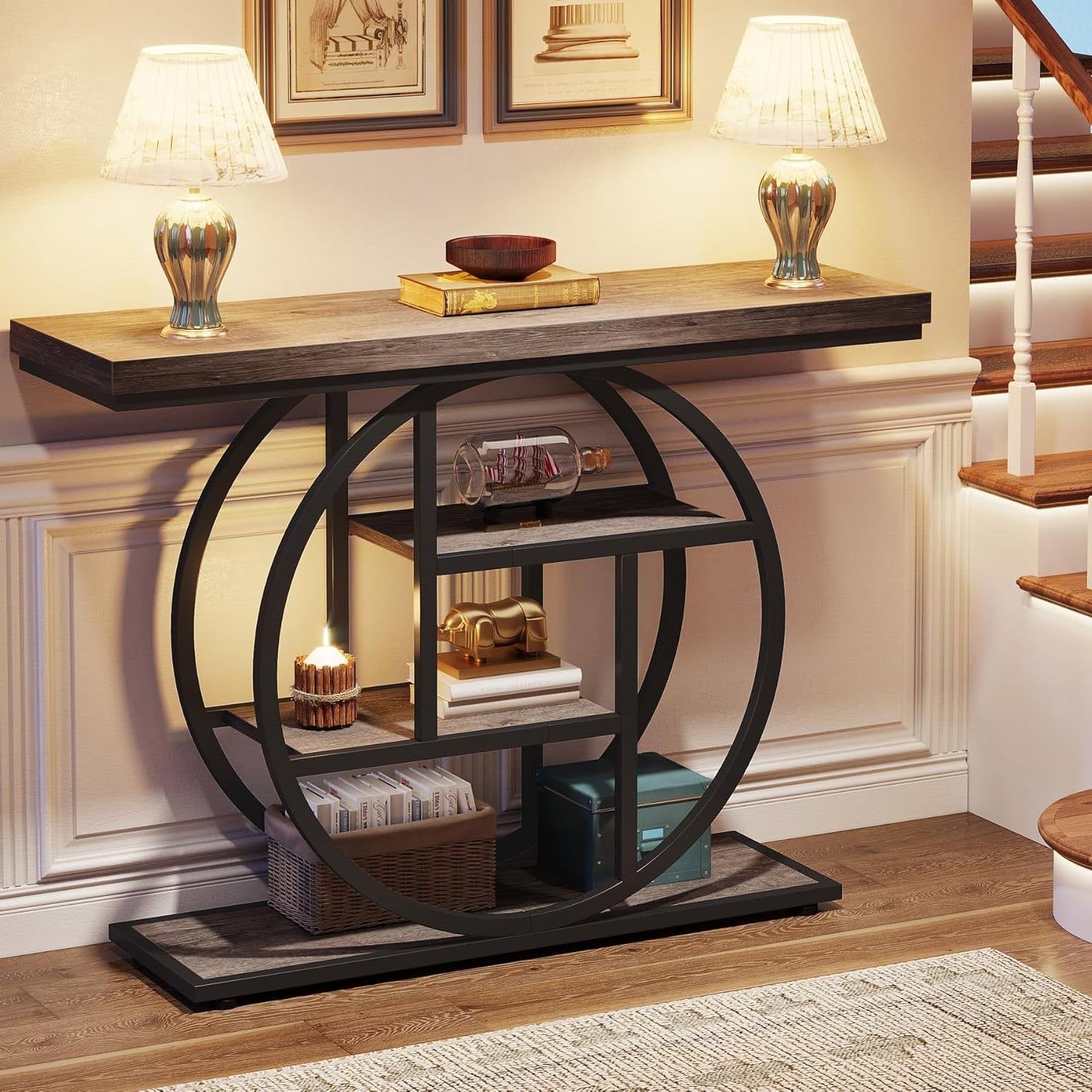 Modern 41-inch Wide Narrow Entryway Console Table with Grey Wood Finish Shelves-2