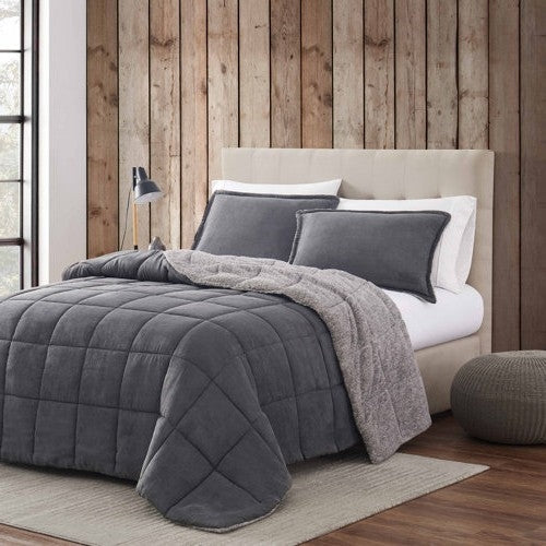 Full/Queen Plush Sherpa Reversible Micro Suede Comforter Set in Gray-0