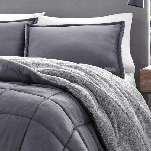 Full/Queen Plush Sherpa Reversible Micro Suede Comforter Set in Gray-1