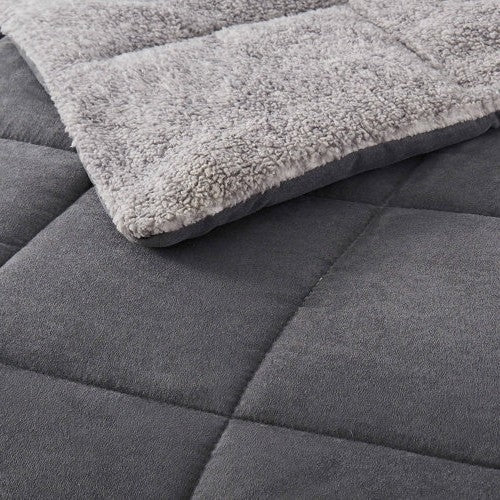 Full/Queen Plush Sherpa Reversible Micro Suede Comforter Set in Gray-2