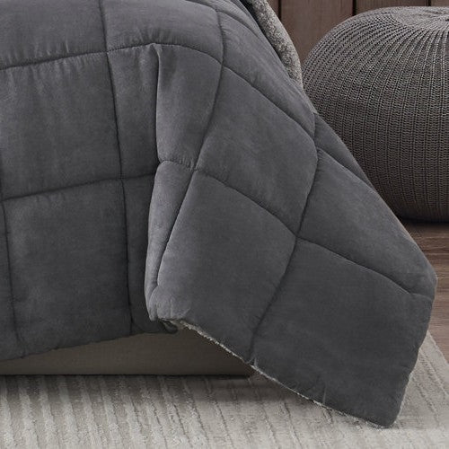 Full/Queen Plush Sherpa Reversible Micro Suede Comforter Set in Gray-3