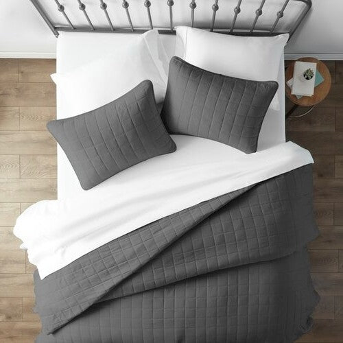 3 Piece Microfiber Farmhouse Coverlet Bedspread Set Grey, Full/Queen-0