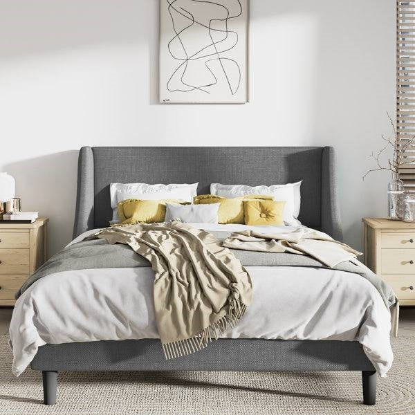 Full Size Grey Linen Blend Upholstered Platform Bed with Wingback Headboard-0