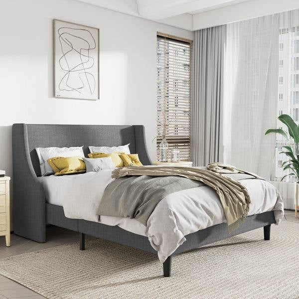 Full Size Grey Linen Blend Upholstered Platform Bed with Wingback Headboard-1